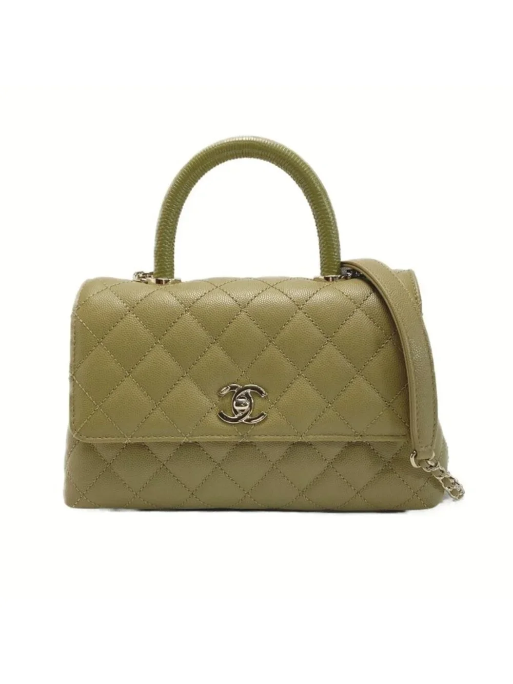 Chanel Quilted Coco Handle XS Handbag Olive Caviar Leather Chain